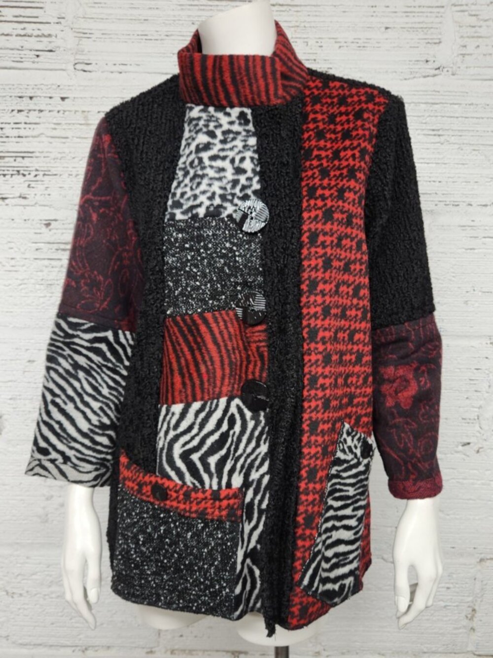 Ali Miles Size PM Black & Red Unique Patchwork Animal Print Wool Jacket Cardigan